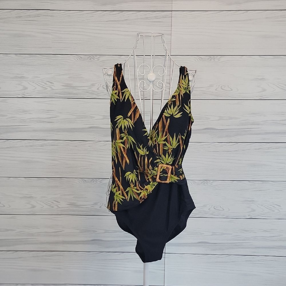 Beach Bay One-Piece Tropical Leaf Print Black Swimsuit Womens Size 14
